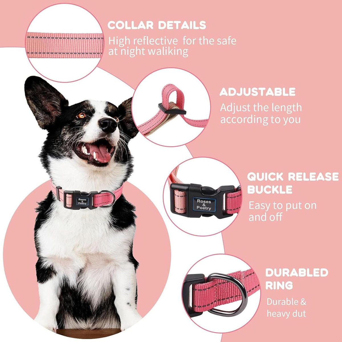Roses&Poetry Reflective Dog Collar with Gradient Mistyrose - S / Pink Gradient - image 2