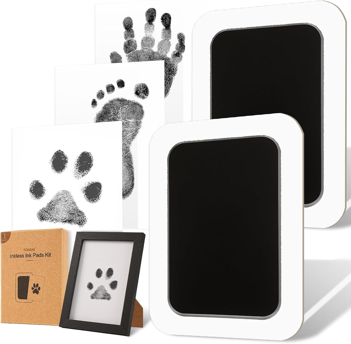 Inkless Paw Print Kit for Dogs, Cats & Babies - Black Pad,Black Wood Frame / 2-Pack,Large