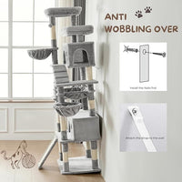 Cat Tree, 80-Inch Large Cat Tower with 9 Scratching Posts, 2 Perches, 2 Caves, 2 Basket, 2 Stairs, Extra Large Hammock, Pompoms, Multi-Level Plush Cat Condo for Indoor Cats/Light Grey
