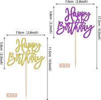 24 PCS Happy Birthday Cupcake Toppers Glitter Picks for Celebrating - Gold Purple - image 2