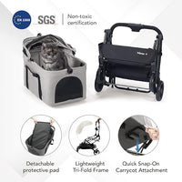 ibiyaya Essential – Travois Tri-Fold Pet Travel System for Medium Dogs, Cats, and More, 3 in 1 Dog Stroller with Detachable Carrier, XL Cabin (Taupe Gray)