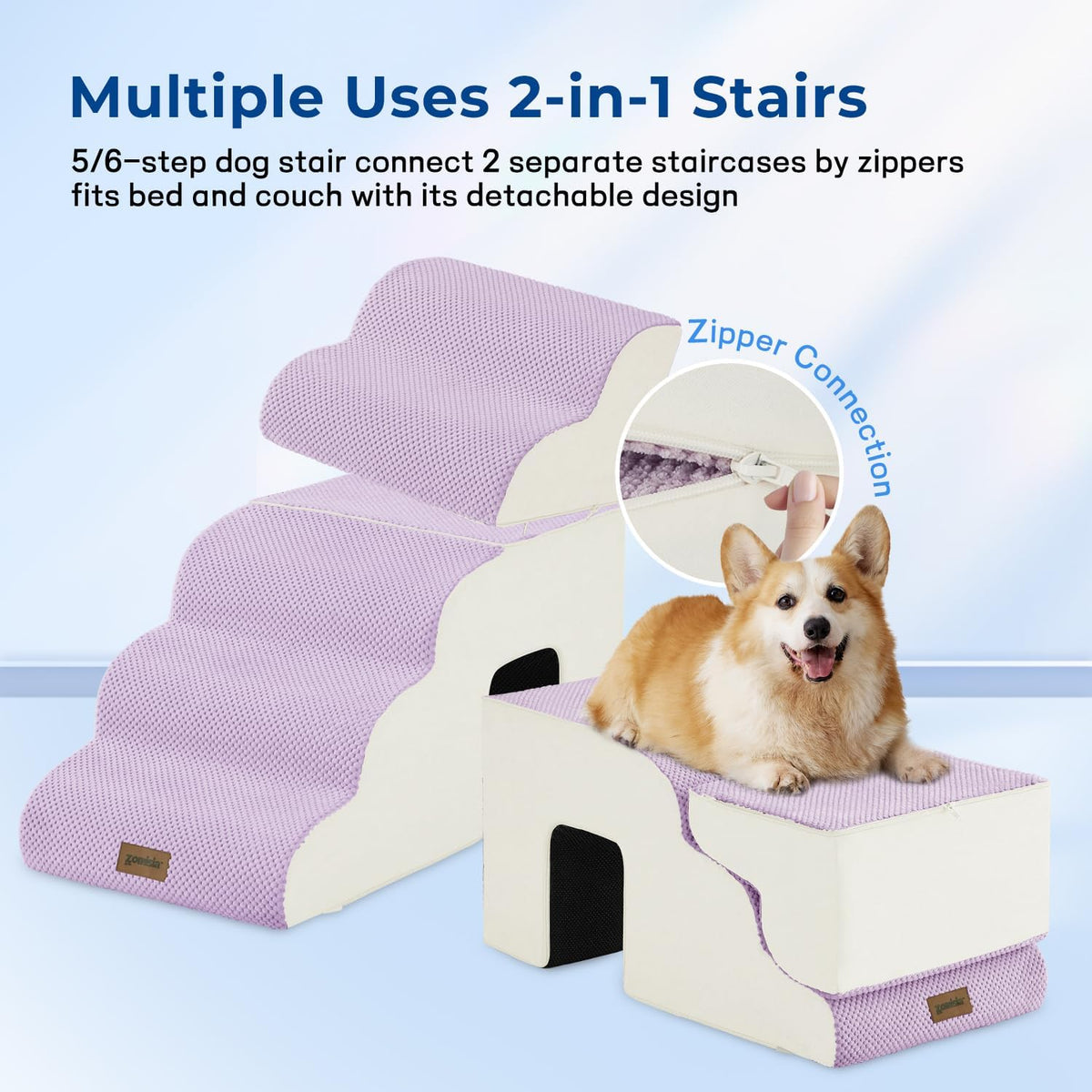 Dog Ramp for Large Dogs with Tunnel, 24" H 5 Steps for High Bed – Essentials for Dogs - 6-Steps Curved / Beige Fleece - image 4