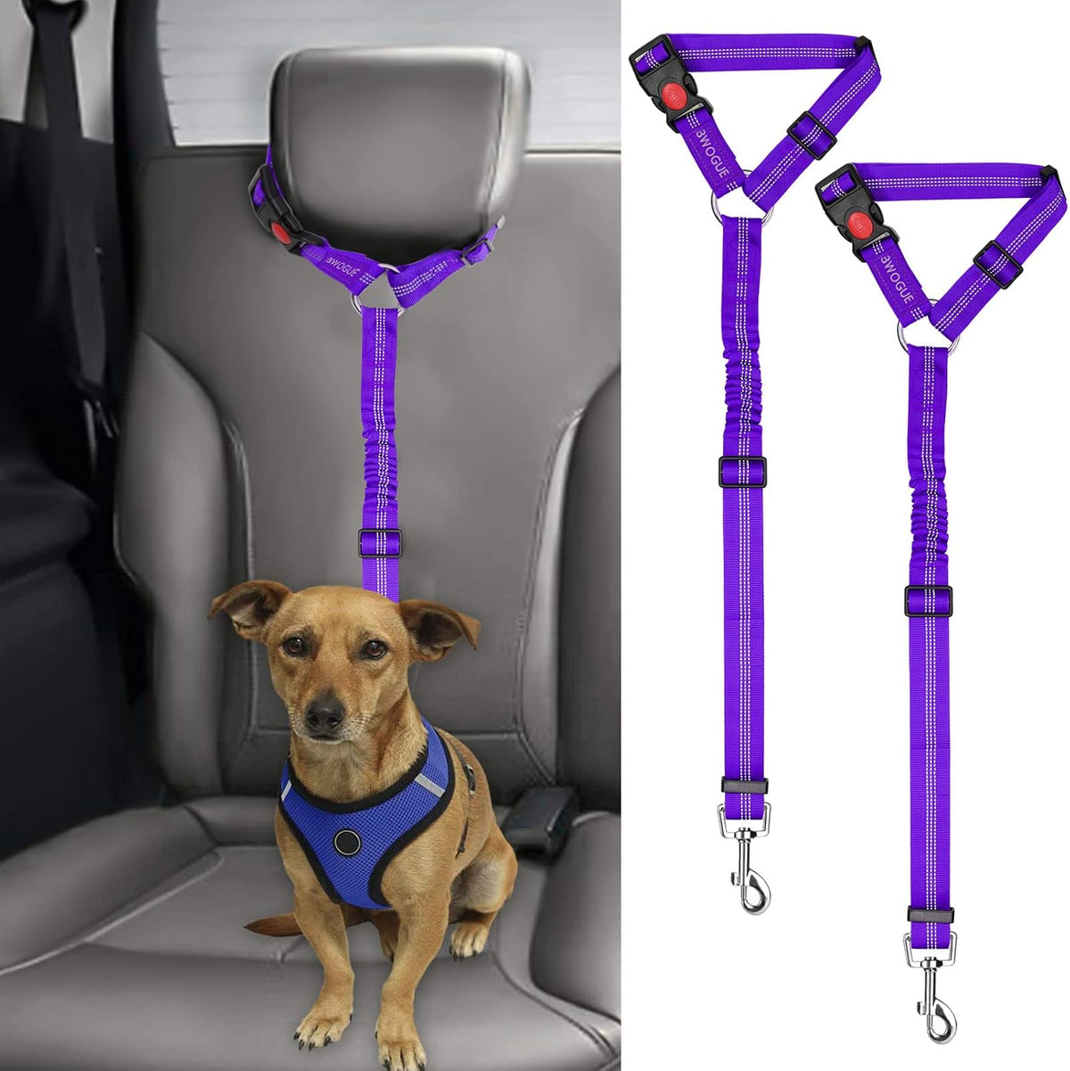 2 Pack Dog Seat Belt for Car, Headrest Restraint Safety Leads – Essentials for Dogs - Purple / Elastic