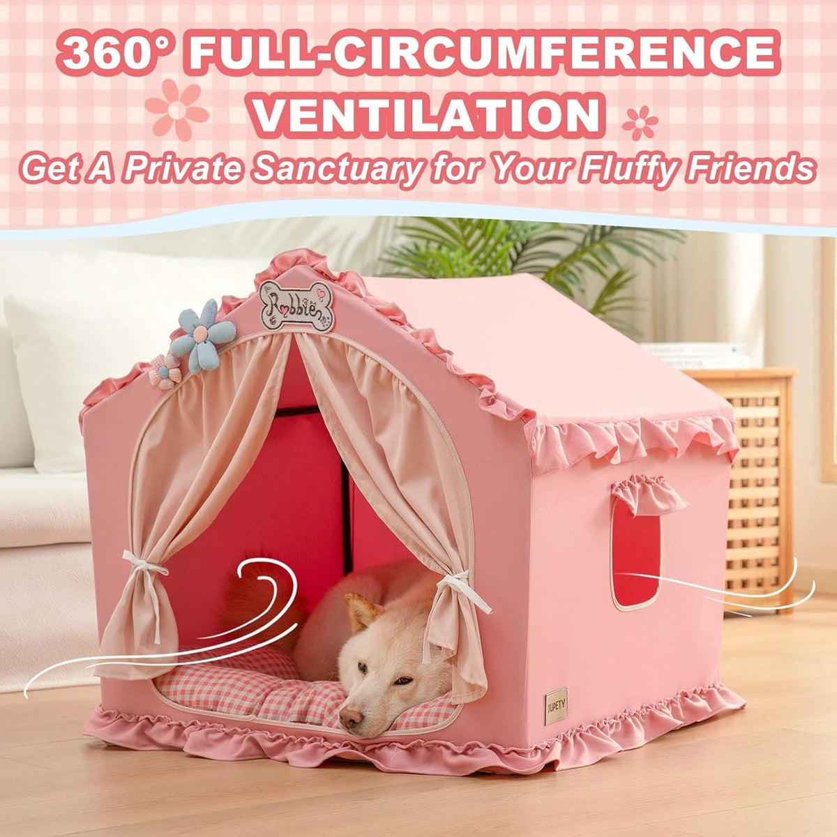 Indoor Dog House with Frame, Cute Dog Tent Bed with Cover Cave - Large ( 25" × 25" × 25" ) / Pink - image 3