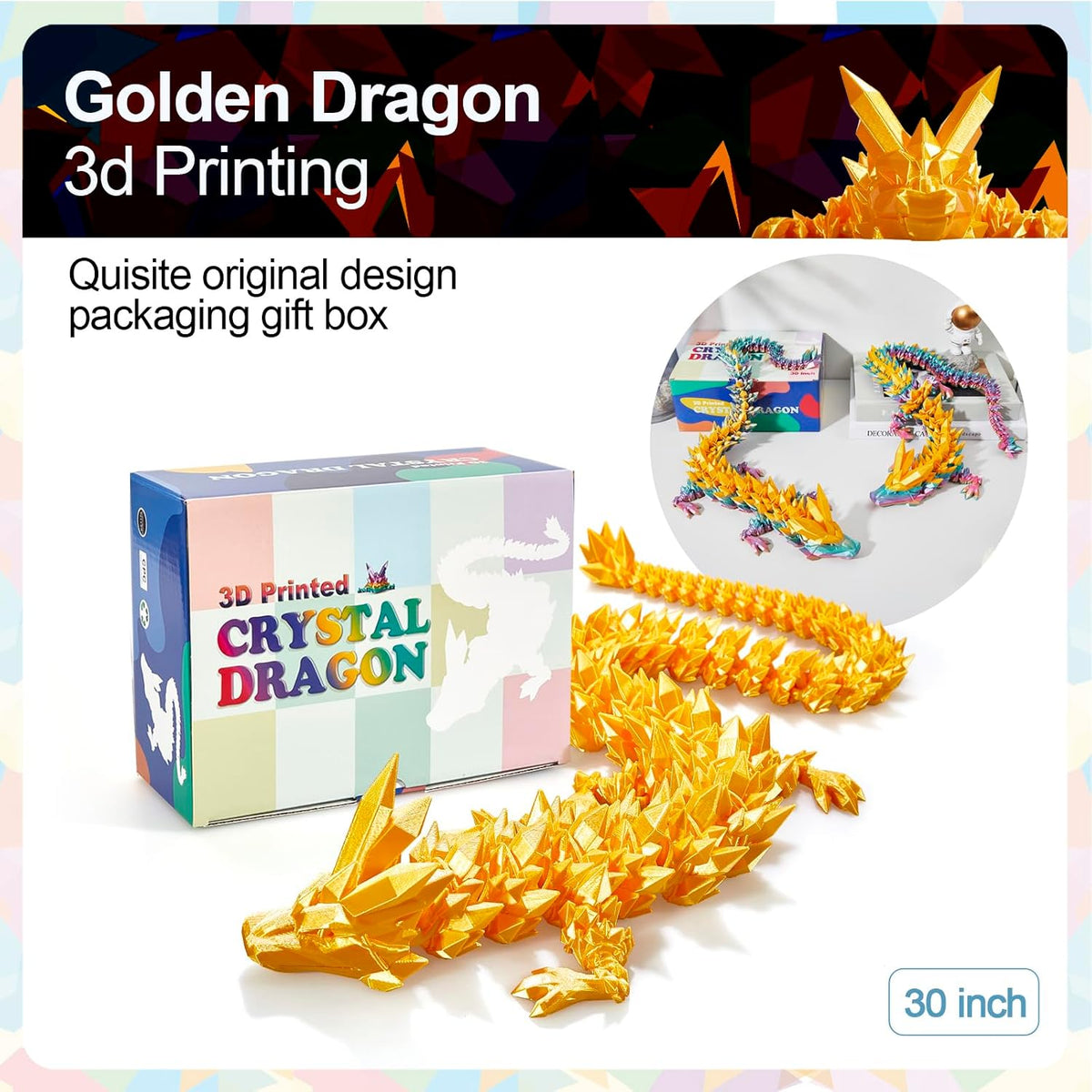 3D Printed Dragon 24 Inch - Gold / 30in - image 4