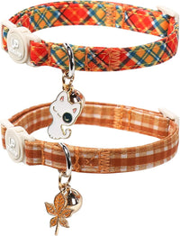 2 pack of orange and yellow autumn plaid cotton cat collars with breakaway buckle