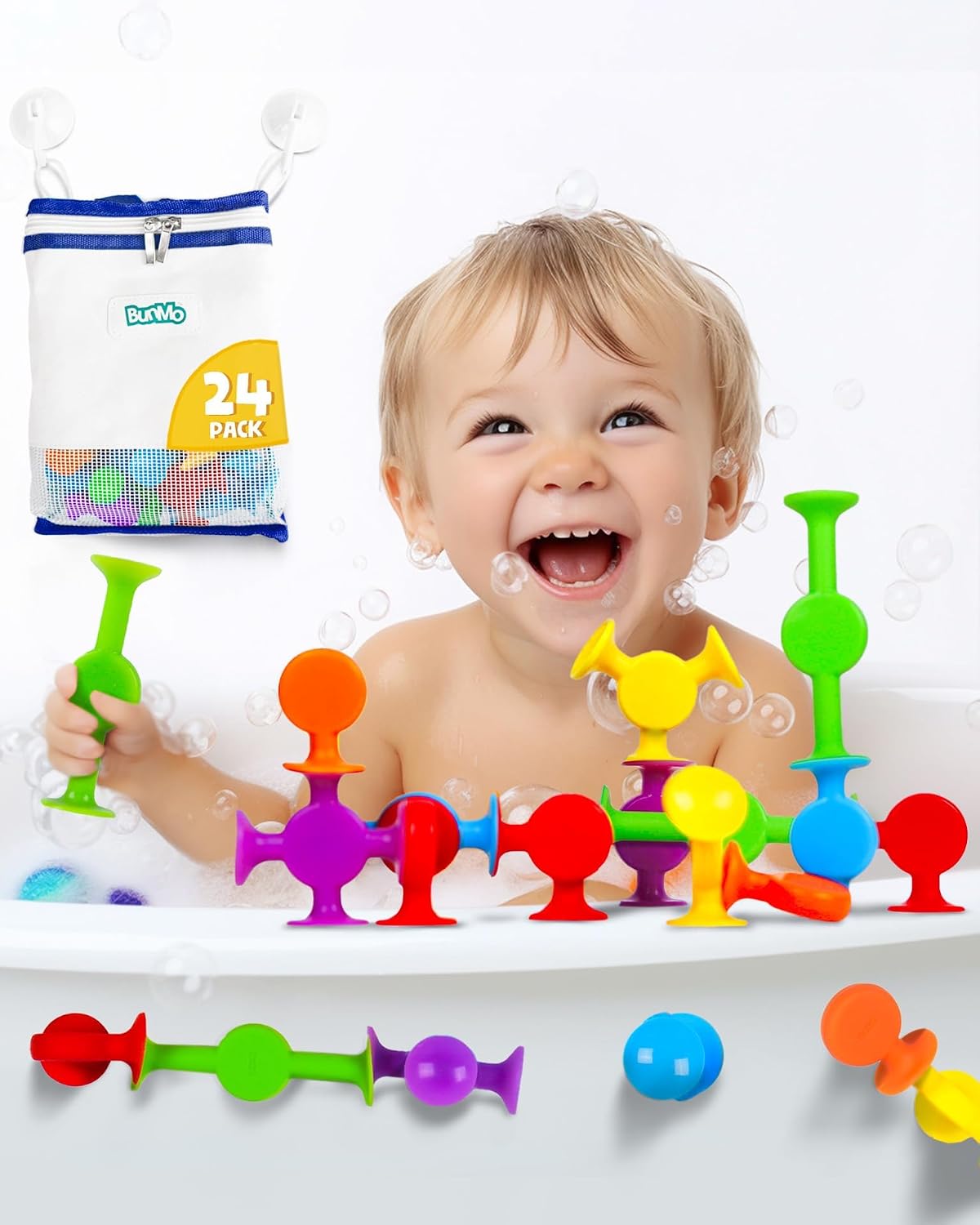BUNMO Bath Toys Suction, Connect, Build, Create - Original Smooth - 24 Pk
