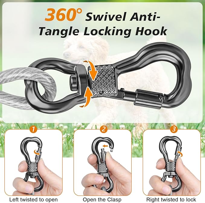 Tresbro 15 FT Dog Tie Out Cable with Spring, Shock Absorbing Tether Chains for Outside Aavilable in 10/15/20/25/30/40/50/70/100/120 FT, Heavy Duty Leads for Yard for Medium & Large Dogs Up to 500 LBS