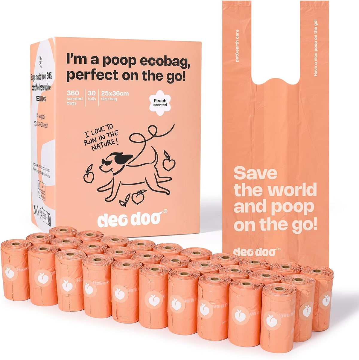 Deo Doo Dog Poop Bags with Handles & Holder, Peach Scented - Peach / 1 Count (Pack of 360)