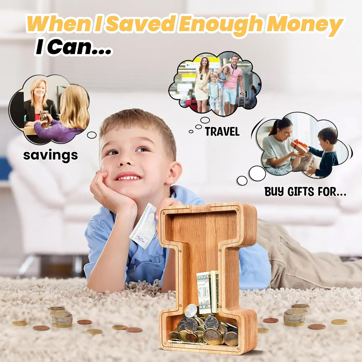 KMC wooden letter piggy bank, oak initial coin bank with clear plexiglass front - view 12