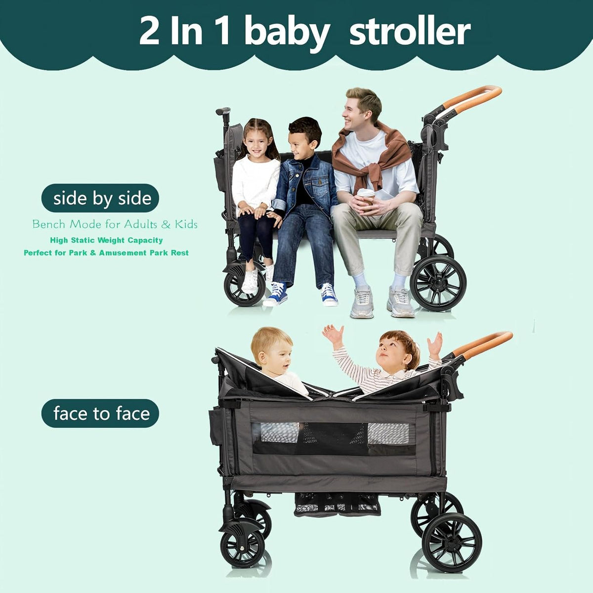 MRZLB Luxury Wagon Stroller for 2 Kids & Cargo-Lightweight Travel - Light Grey - image 3