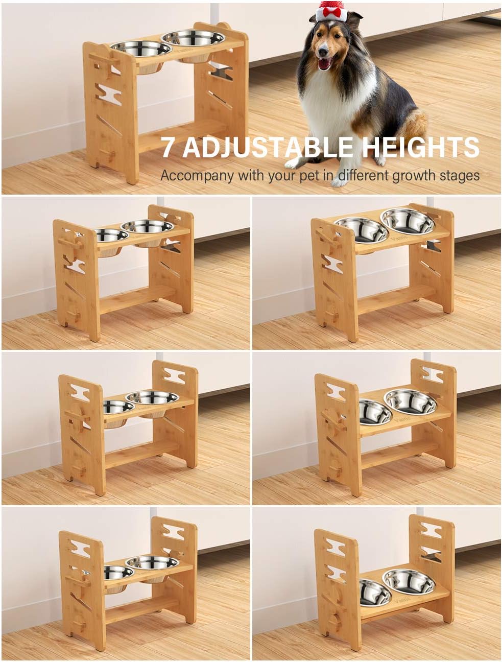 Elevated Dog Bowls, Raised Dog Bowl Stand Adjustable Small - Bamboo / Medium / Without Mat - image 3
