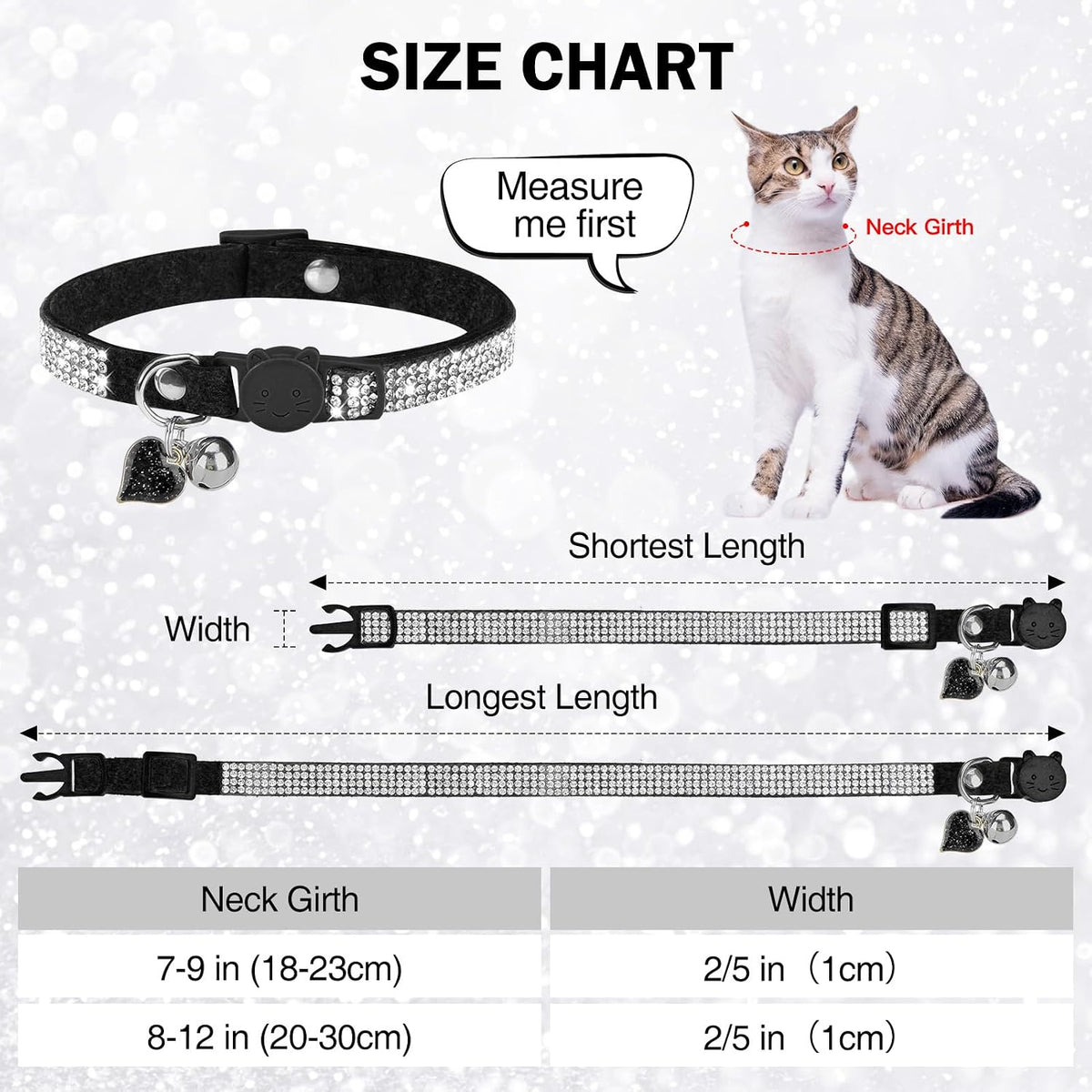 Rhinestone Cat Collar Breakaway, Bling Sparkly Diamond - Black / 7"-9" For Cats - image 4