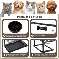 Elevated Dog Bowls with Slow Feeder for Large Dogs – Adjustable Raised Stand with 2 Stainless Steel Bowls & Spill-Proof Mat, Non-Slip Dog Feeder for Large & Medium Dogs (Black)