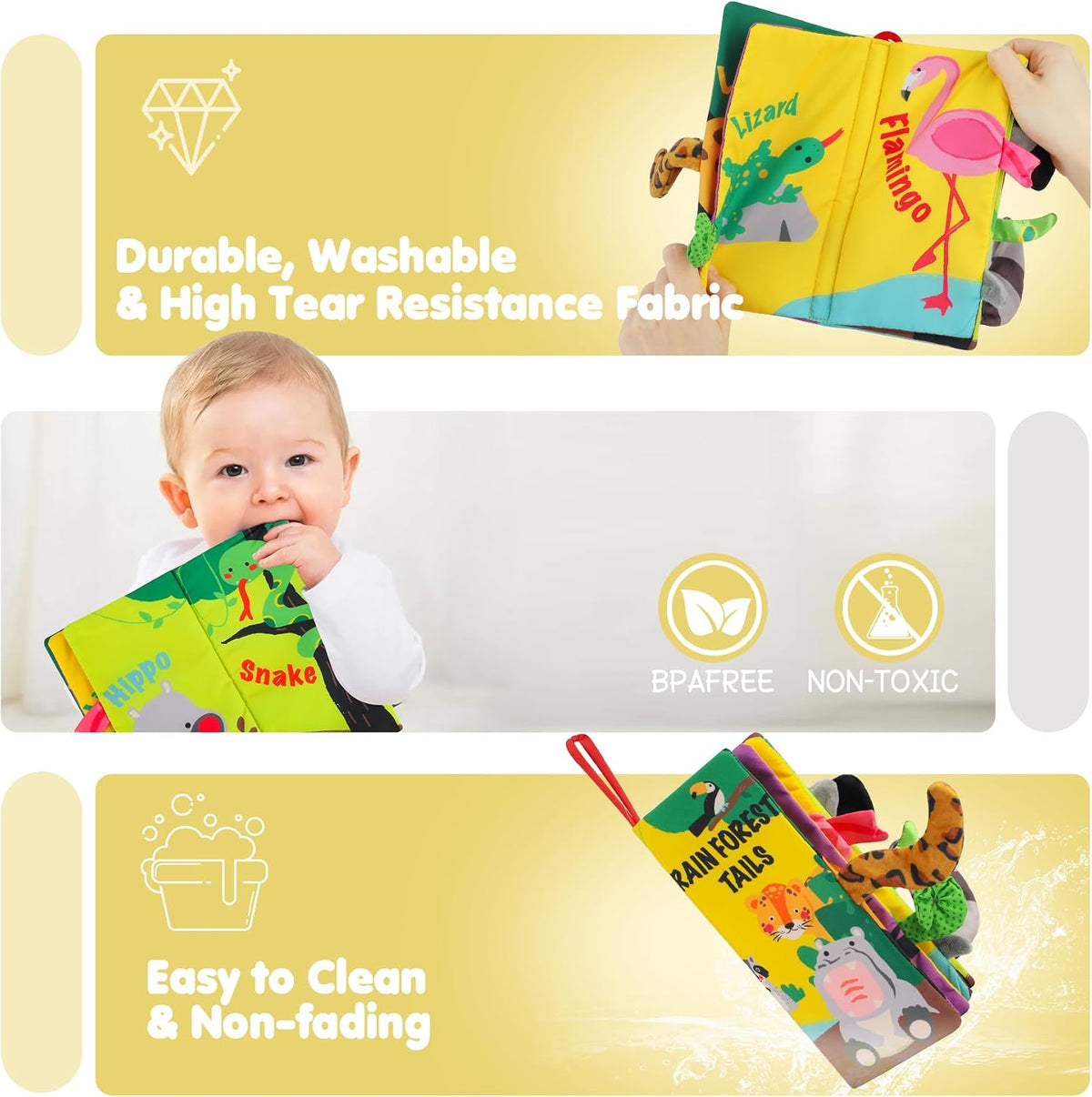 beiens Baby Books Toys, Tummy Time Touch and Feel Sensory Toys for Infant – Fun for Kids & Family - Rainforest Tails-1 Book - image 3