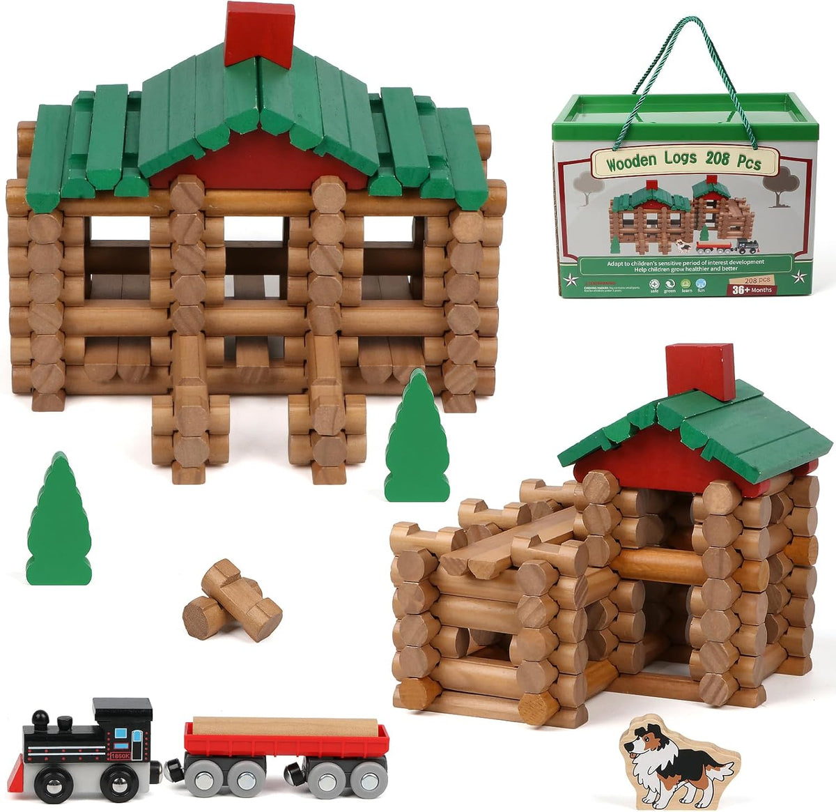Wondertoys 208 Pcs Wooden Log Set, Classic Building Logs Ages 3+ - 208PCS Classic