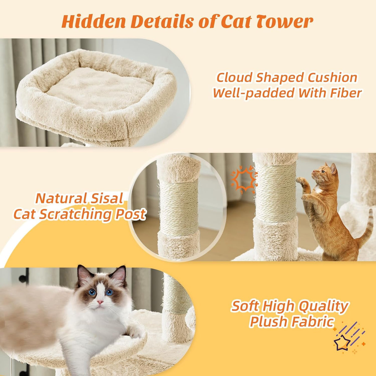 DUMOS 44 Inch Cat Tree Tower with Natural Sisal Scratching Posts – Essentials for Cats - Beige / 5 / 43.6"×13.7"×17.7" - image 4