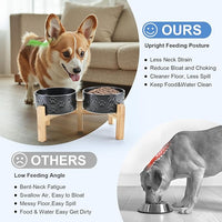 SPUNKYJUNKY Elevated Dog Bowls Ceramic, 6.1'' Dogs and Cat Food Water Bowls Raised with Non-Slip Bamboo Stand for Medium Sized Breed Microwave Dishwasher Safe - 28.7 OZ,Paw Black