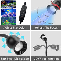 Aquarium Focus Light for Open Fish Tank Indoor LED Light Big Clip Lamp Adjustable Focus (White-Blue with Timer)