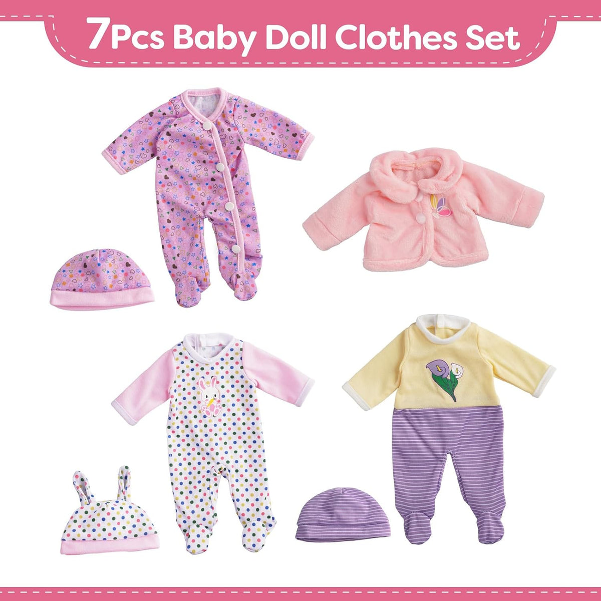 BABESIDE baby doll clothes set with 3 footed outfits, 3 hats and pink coat - view 2