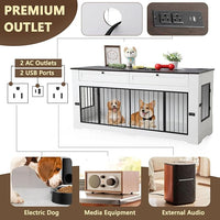 Large Dog Crate Furniture-Decorative Heavy Duty Dog Cage Indoor, Wooden Dog Cage End Table with Charging Station, Dog House with 2 Drawers (White, 70.86''L)