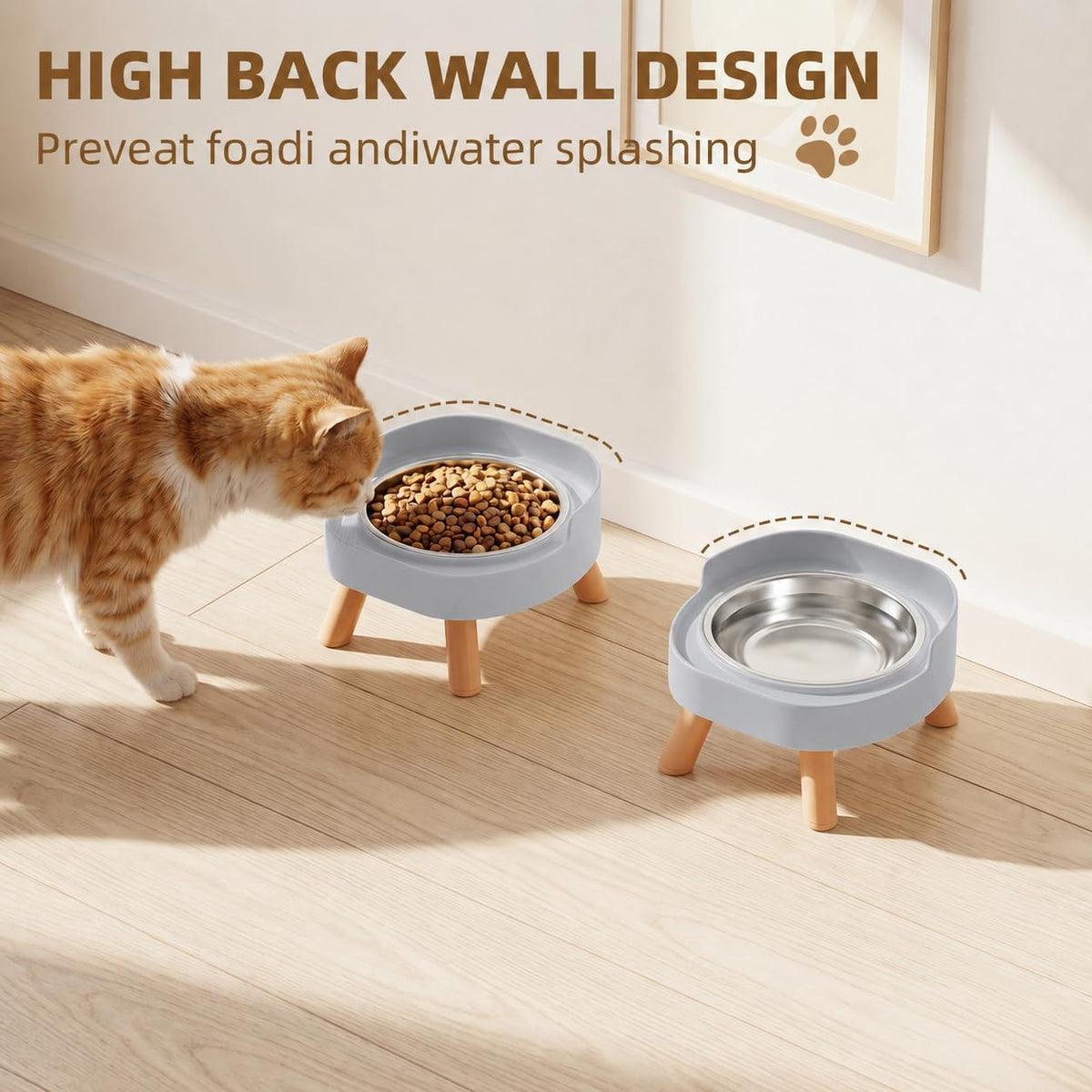 Elevated Cat Bowls, 2P Raised Cat Food and Water Bowl Set for Indoor Cats, Splash Proof with 2 - 2P Cat Bowls - Grey - image 2