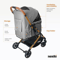 Foldable Pet Stroller for Dogs and Cats, 33 lbs Capacity, 360° Swivel Front Wheels, One-Click Fold, Brake System, Leash & Lock Clips, Removable Washable Padding, and Cup Holder (Gray, 33 lbs)