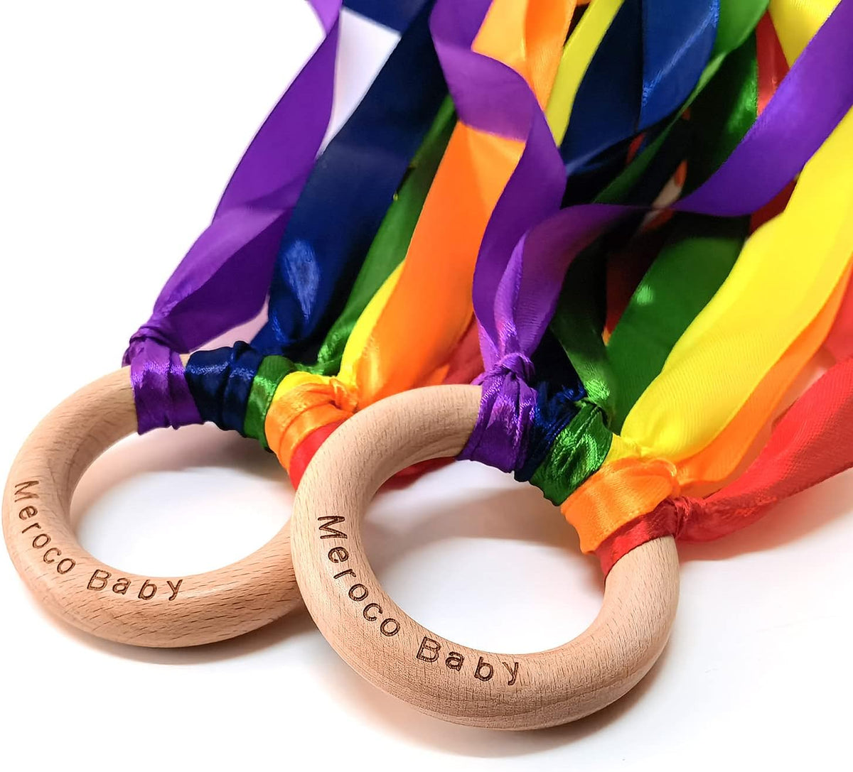 MEROCO 2-pack rainbow ribbon wands with natural wood rings and six fabric ribbons each - view 5