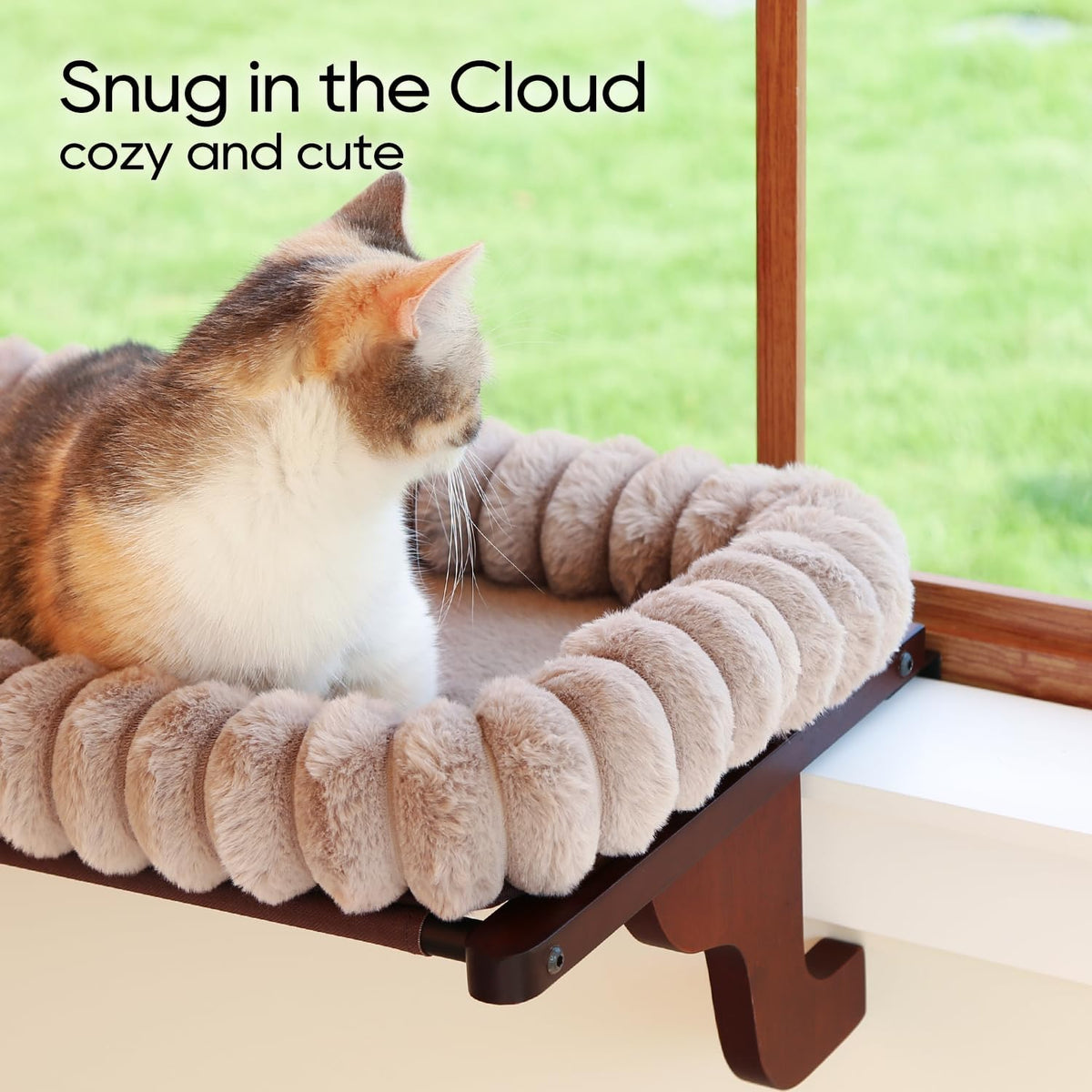 Zakkart SnugCloud Cat Perch for Windowsill – Essentials for Cats - Dark Stained Wood w/ Brown Bed / Large (25"x15") - image 2
