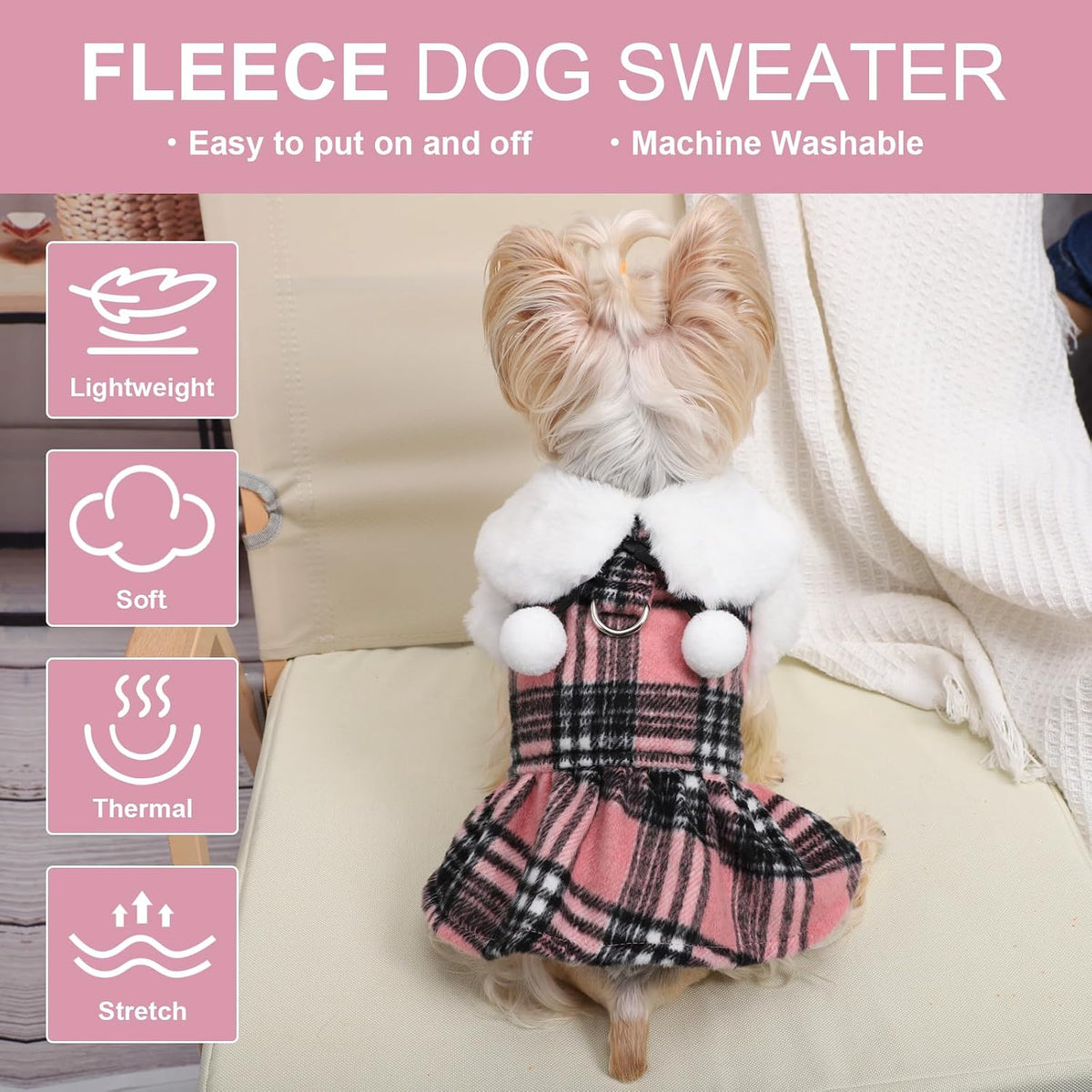 Dog Sweater with Leash Set D Ring Plaid Fleece Dog Clothes for Small - X-Small (Chest 13in ) / Pink with Leash - image 2