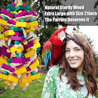 Large Bird Toys, Multi-Color Wooden Block with Bamboo Support Bird Chewing Toy Parrot Cage Bite Toy for Macaws Cokatoos African Grey and Large Medium Parrot Birds