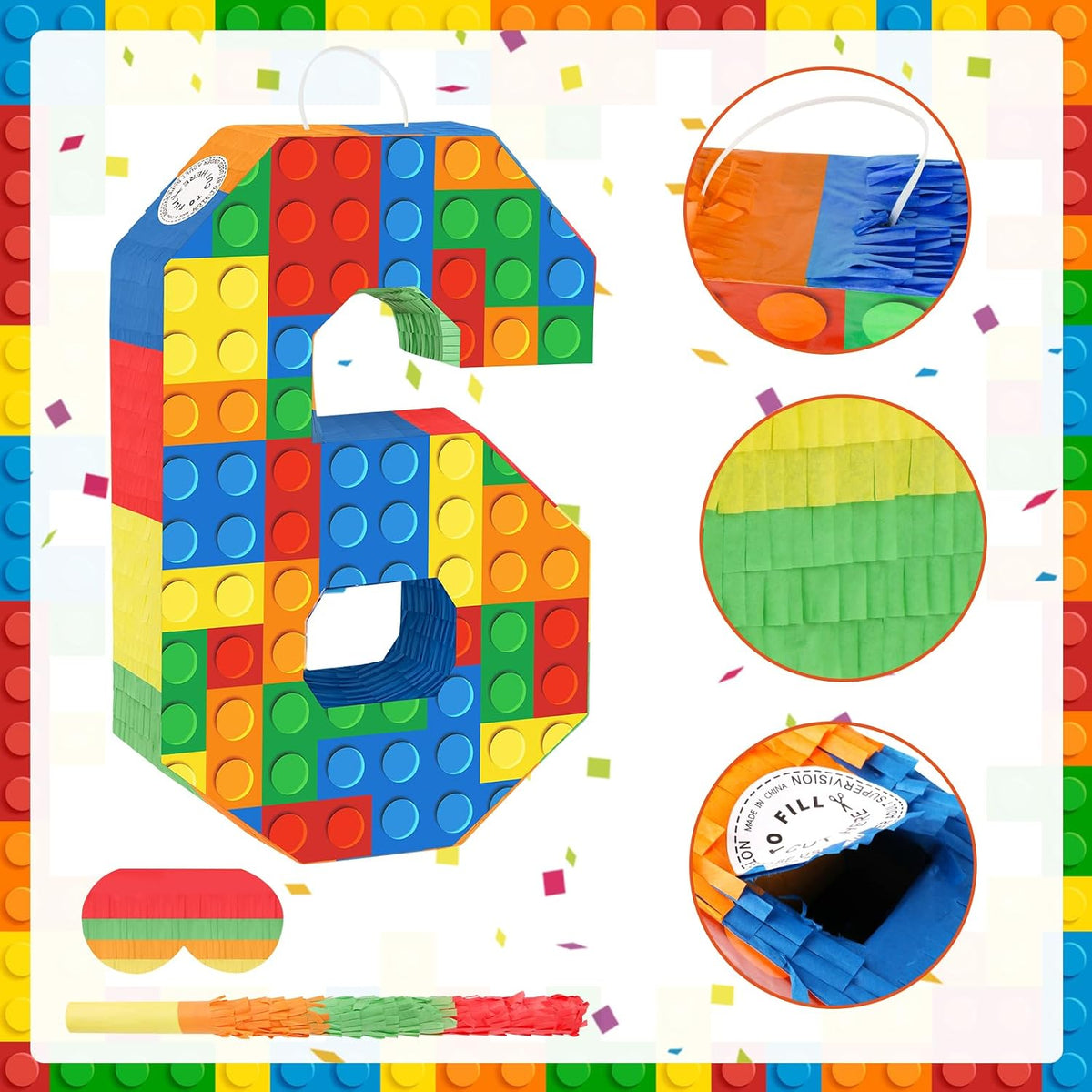 Lemicin 15.75 inch blue pinata stick kit with blindfold, rope and confetti - view 29