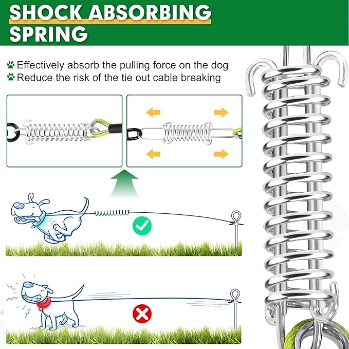 Snagle Paw Dog Tie Out Cable 15FT,Heavy Duty Dog Leads for Yard with Shock Absorbing Spring & Swivel Hook,Leash Cable for Outdoor Camping,Dog Line for Small Large Dogs,withstand 1000LBS Break Strength