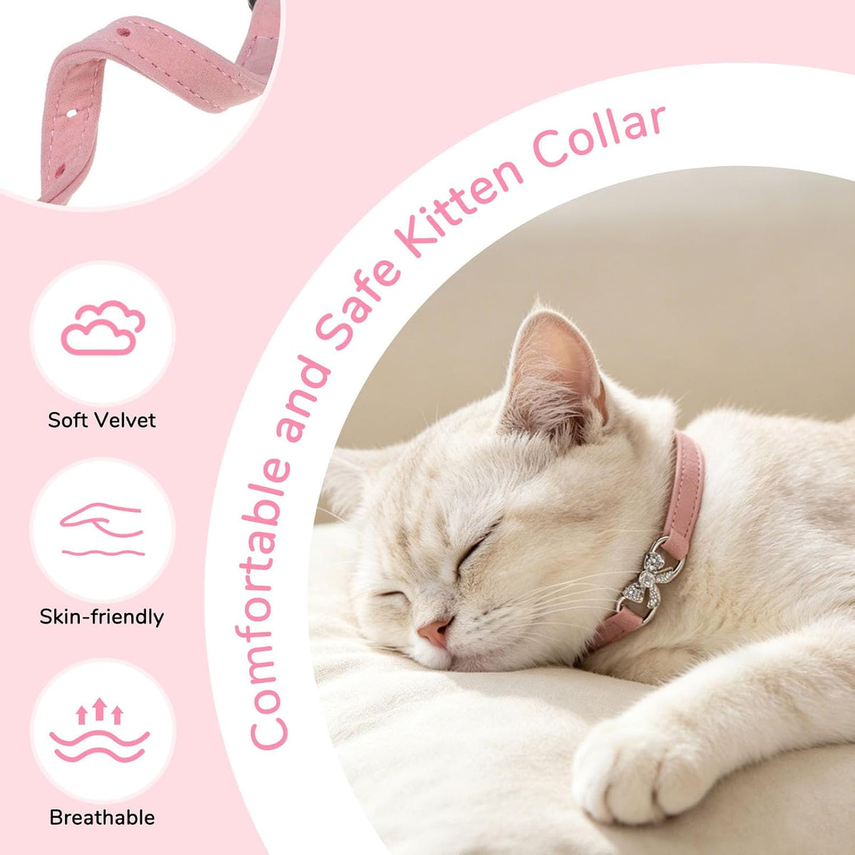 BINGPET Diamond Cat Collar with Bell, Adjustable Kitten Collar - Pink(Bowknot) / Neck Girth 8"-10" - image 2