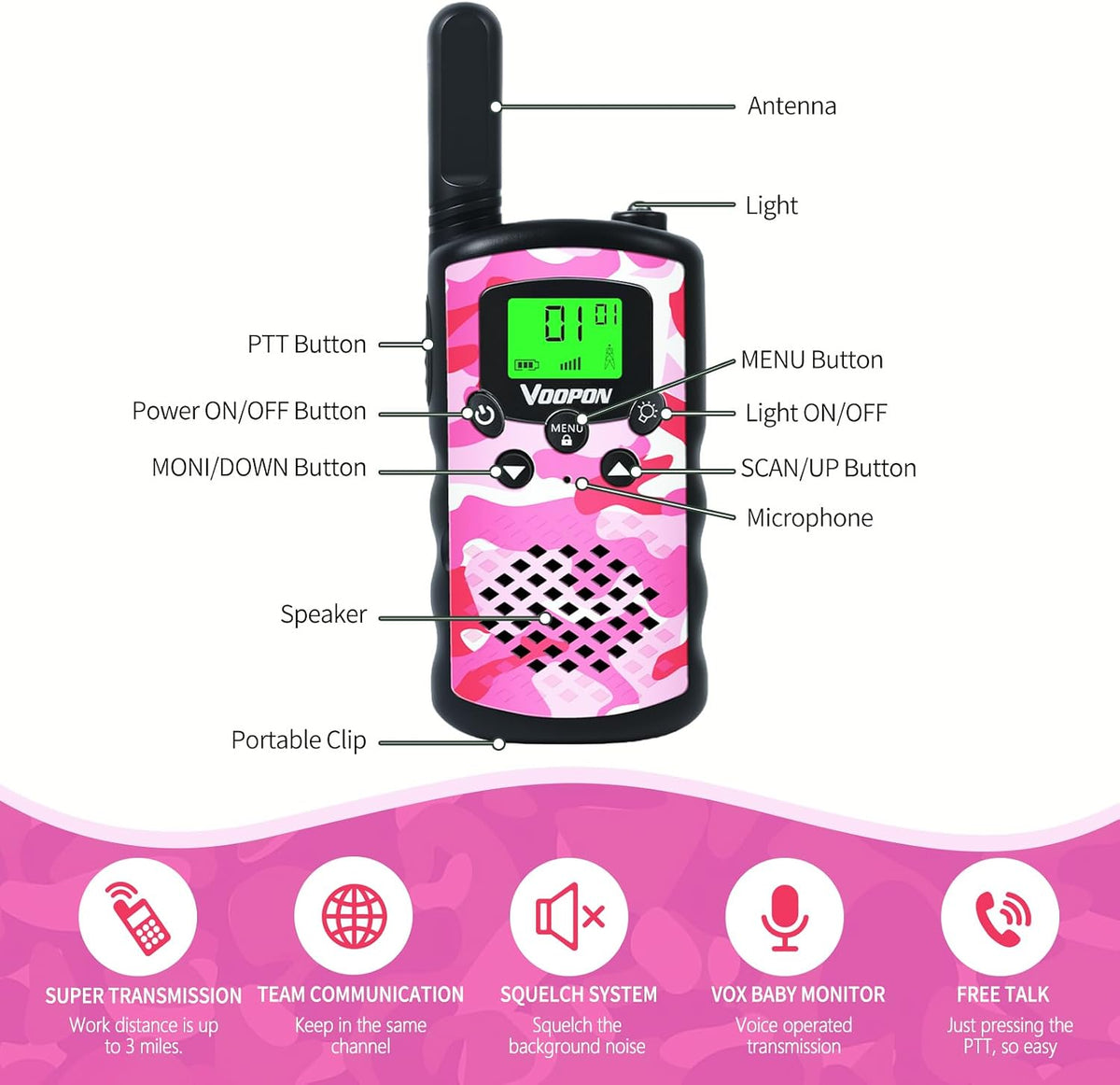 VOOPON green camo walkie talkies for kids with LCD screens - view 11