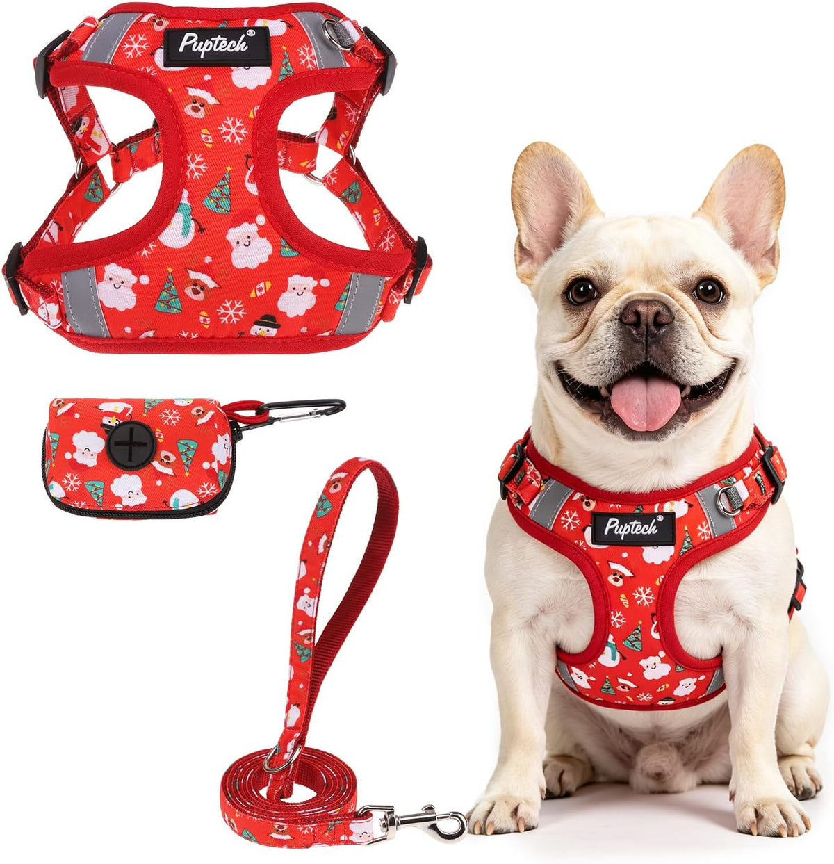 PUPTECK Dog Harness and Leash Set Small Sized - M (17-25lbs, Chest 17"-21") / #2 Red(Christmas Print)
