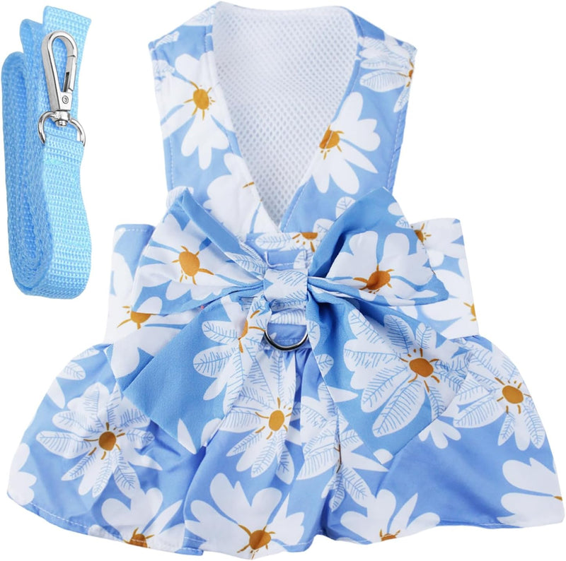 Dog Dress Bowknot Harness Leash Set for Small Girl Dogs Pink Floral - Blue Daisy / Small