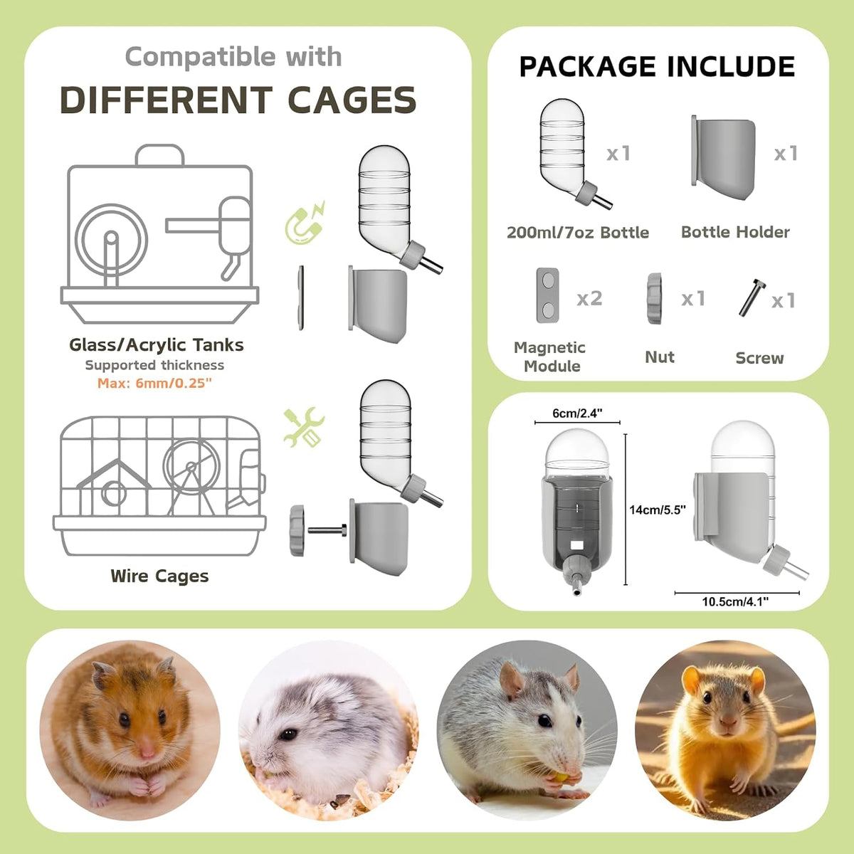 Hamster Water Bottle with Magnetic Holder - Grey / 7 oz (Magnetic-Mounted) - image 3