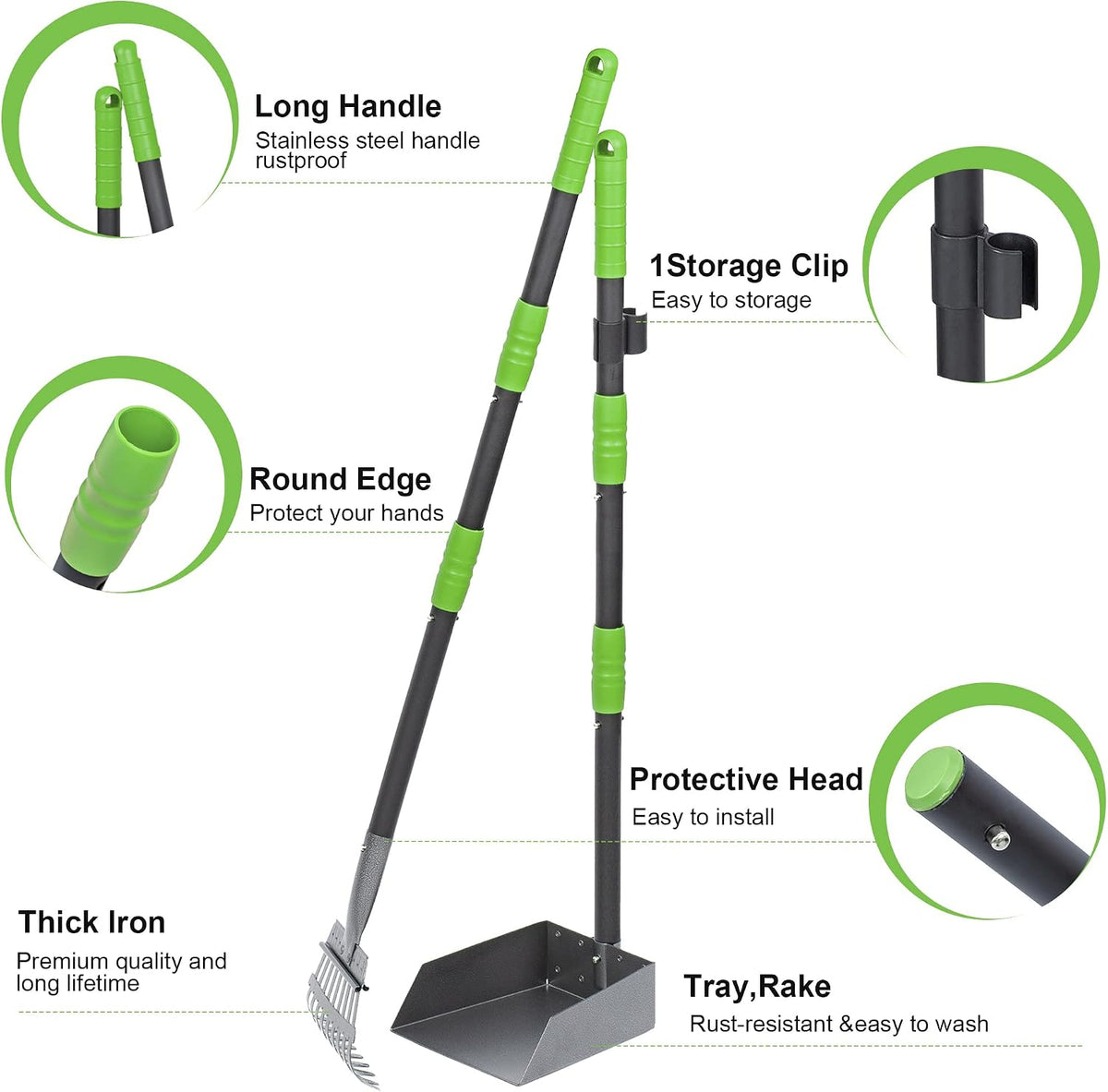 Pooper Scooper for Dogs, Metal Poop Scooper Tray and Rake Set with Adjustable Long Handle, Dog - Black & Green - image 2