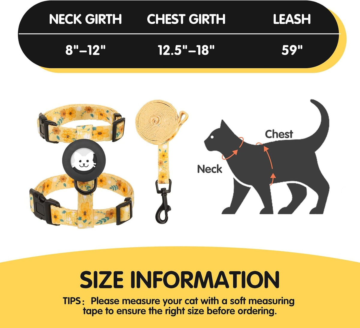 BINGPET Cat Harness with Airtag Holder - Yellow Flower (Buckles on Neck & Chest) - image 4