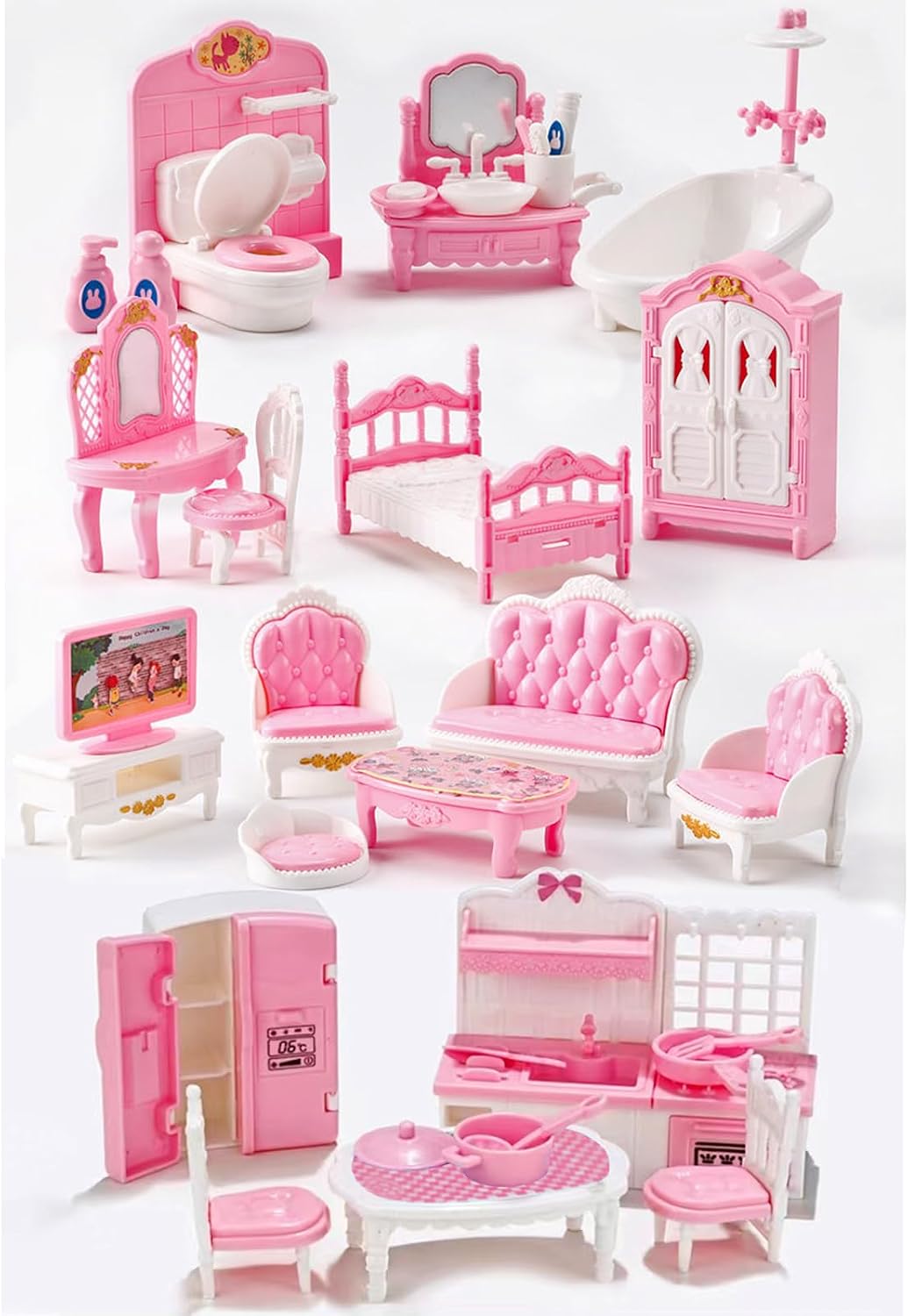 Thildani 35-piece pink and white dollhouse furniture set for bedroom, bathroom, living room and kitc - view 2