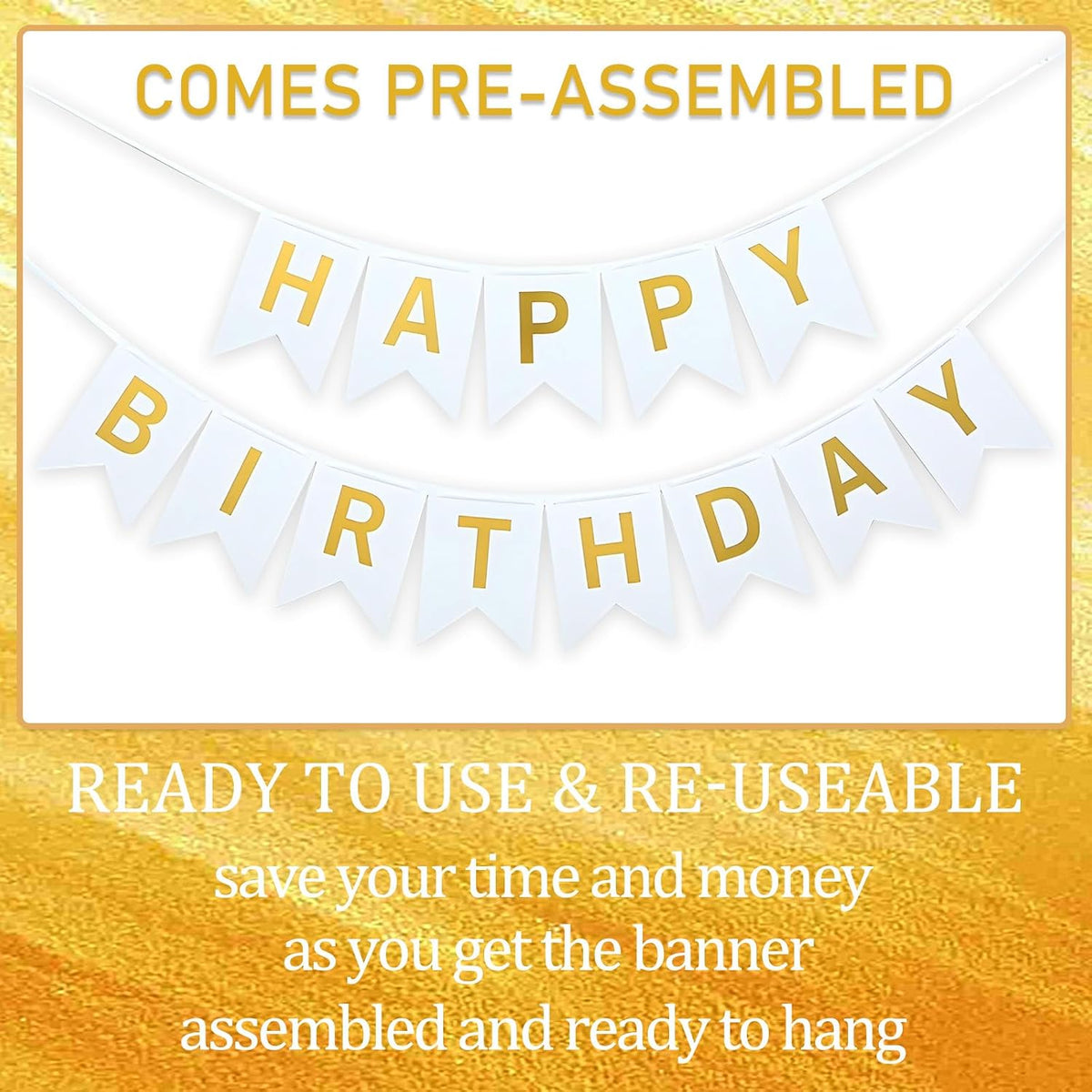 Happy Birthday Banner,Pre-Strung Black and Gold Party Decorations，16ft Pre-Strung Hanging Sign - GOLD - image 3