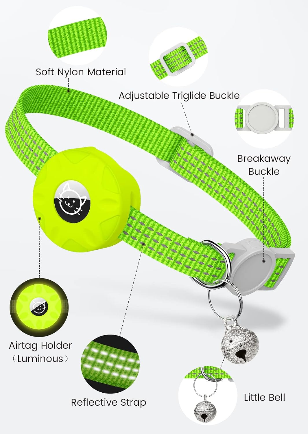 AirTag Cat Collar, Reflective Kitten Collar Breakaway – Essentials for Cats - Luminous yellow - image 3