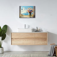 Beach Floral Bathroom Pictures Wall Art, Colorful Flower Bathroom Wall Decor, Coastal Ocean Framed Painting Canvas Artwork for Bedroom Living Room Decorations 16"L x 12"W