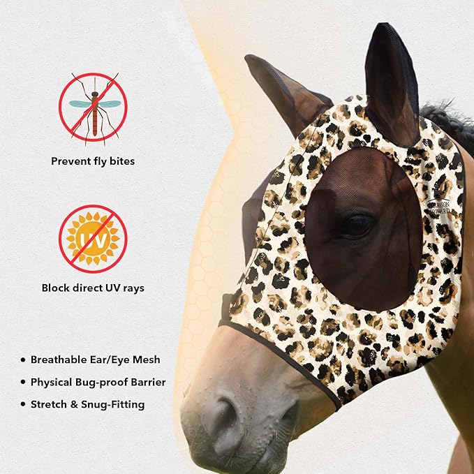 Harrison Howard Super Comfort Stretchy Fly Mask Large Eye Space with UV Protection Soft on Skin with Breathability Leopard Print M Cob