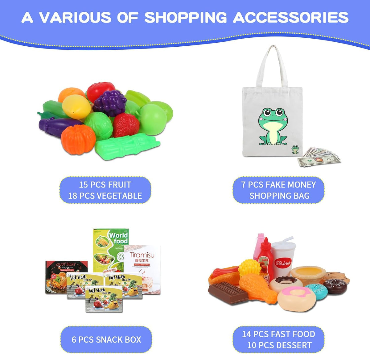 Ming You 2-in-1 Kids Shopping Cart Toy with Pretend Play Foods - Navy Blue - image 3