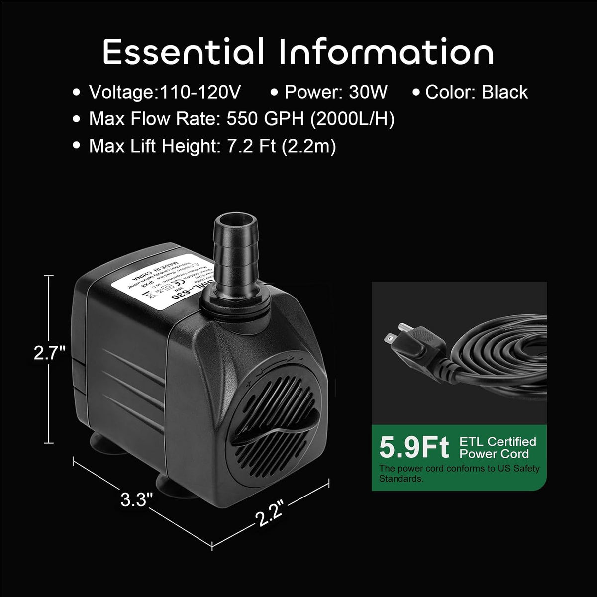GROWNEER 2 Packs 550GPH Submersible Pump 30W Ultra Quiet Fountain - 550 GPH 2 Pack - image 2