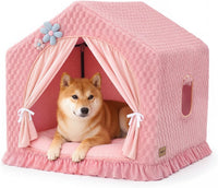 Indoor Dog House with Frame, Cute Dog Tent Bed with Cover Cave - Large ( 25" × 25" × 25" ) / Pink with flannel