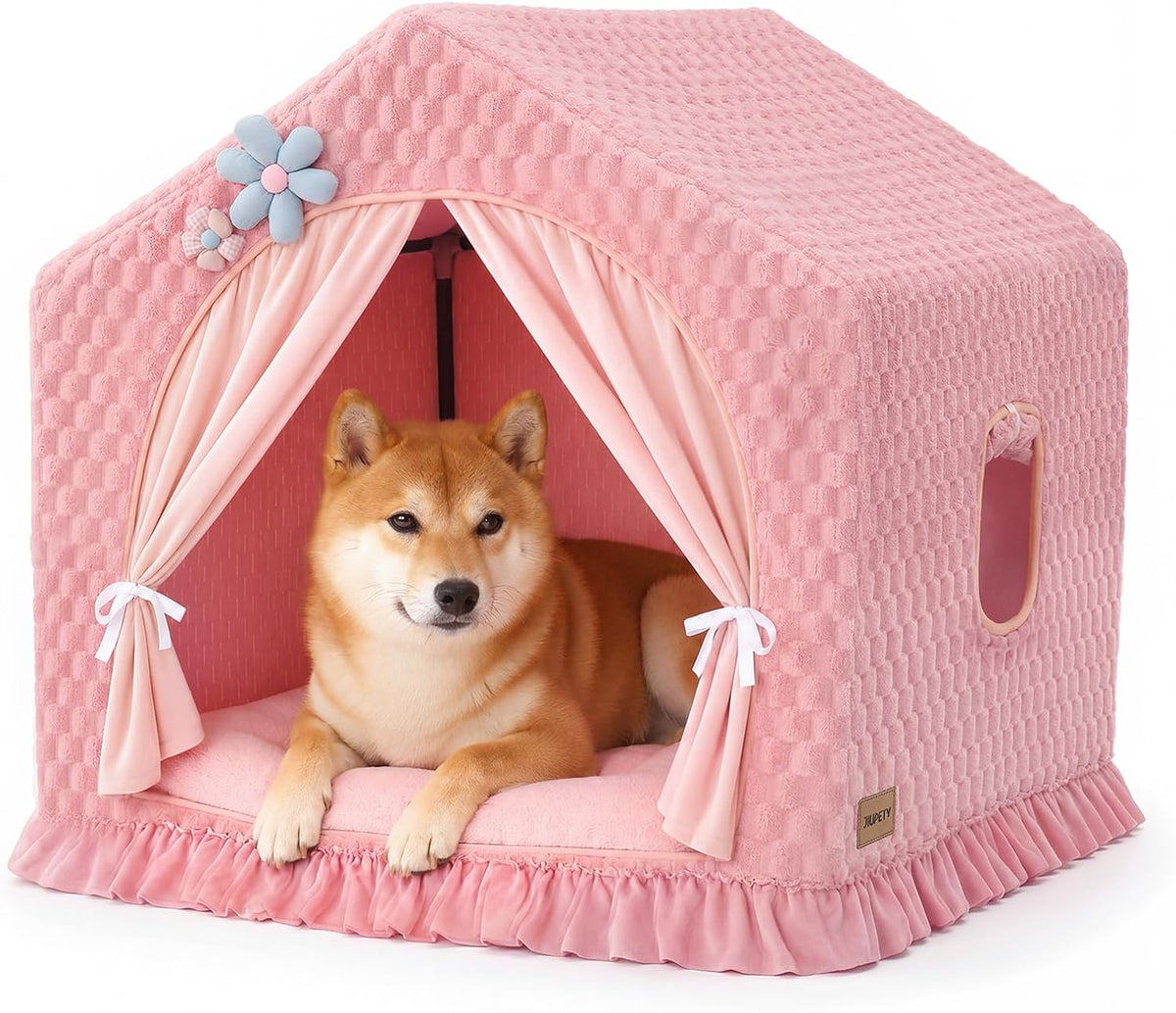 Indoor Dog House with Frame, Cute Dog Tent Bed with Cover Cave - Large ( 25" × 25" × 25" ) / Pink with flannel
