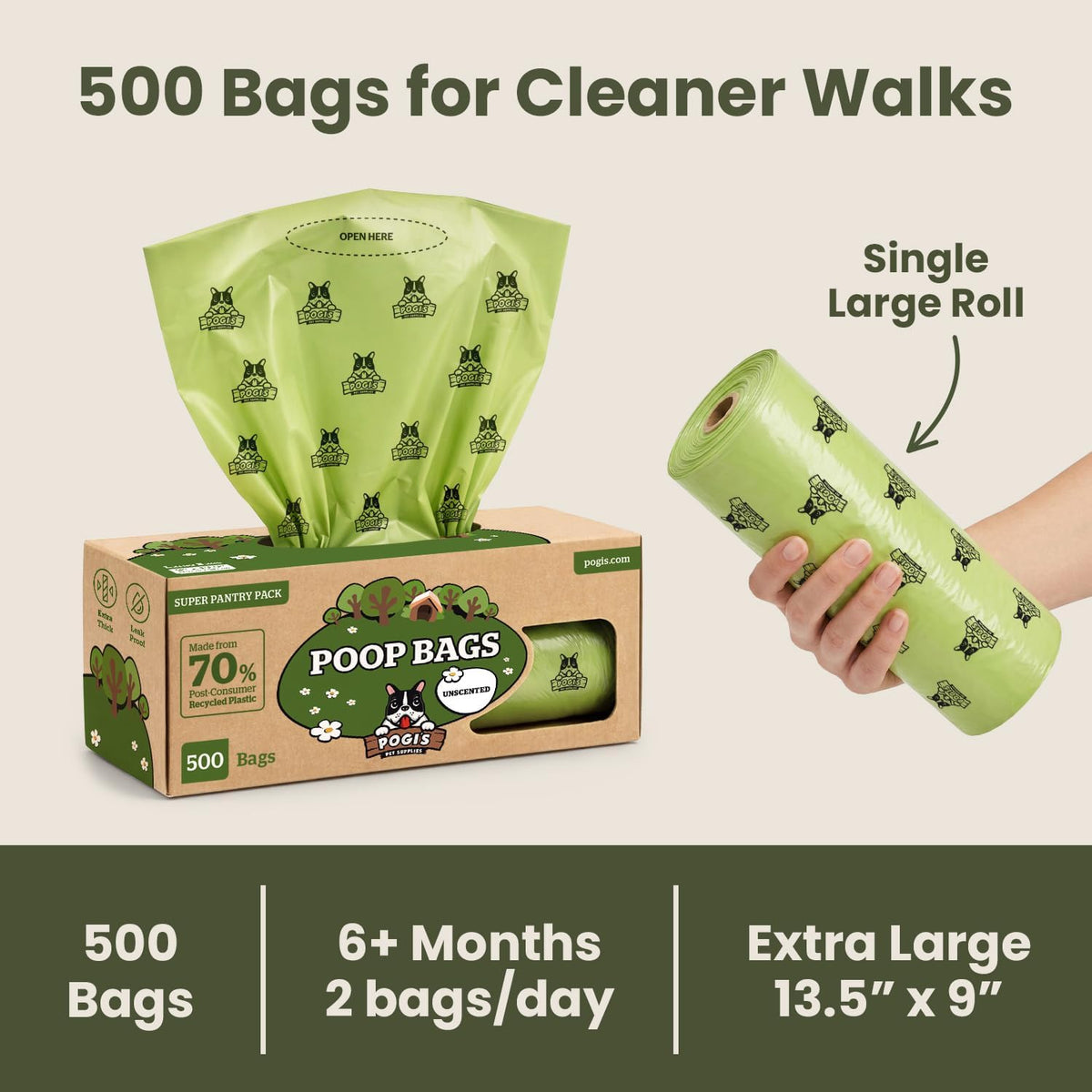 Pogi's Large Dog Poop Bags, Single Roll, Leak-Proof - 500 Count (Pack of 2) / Unscented - image 2